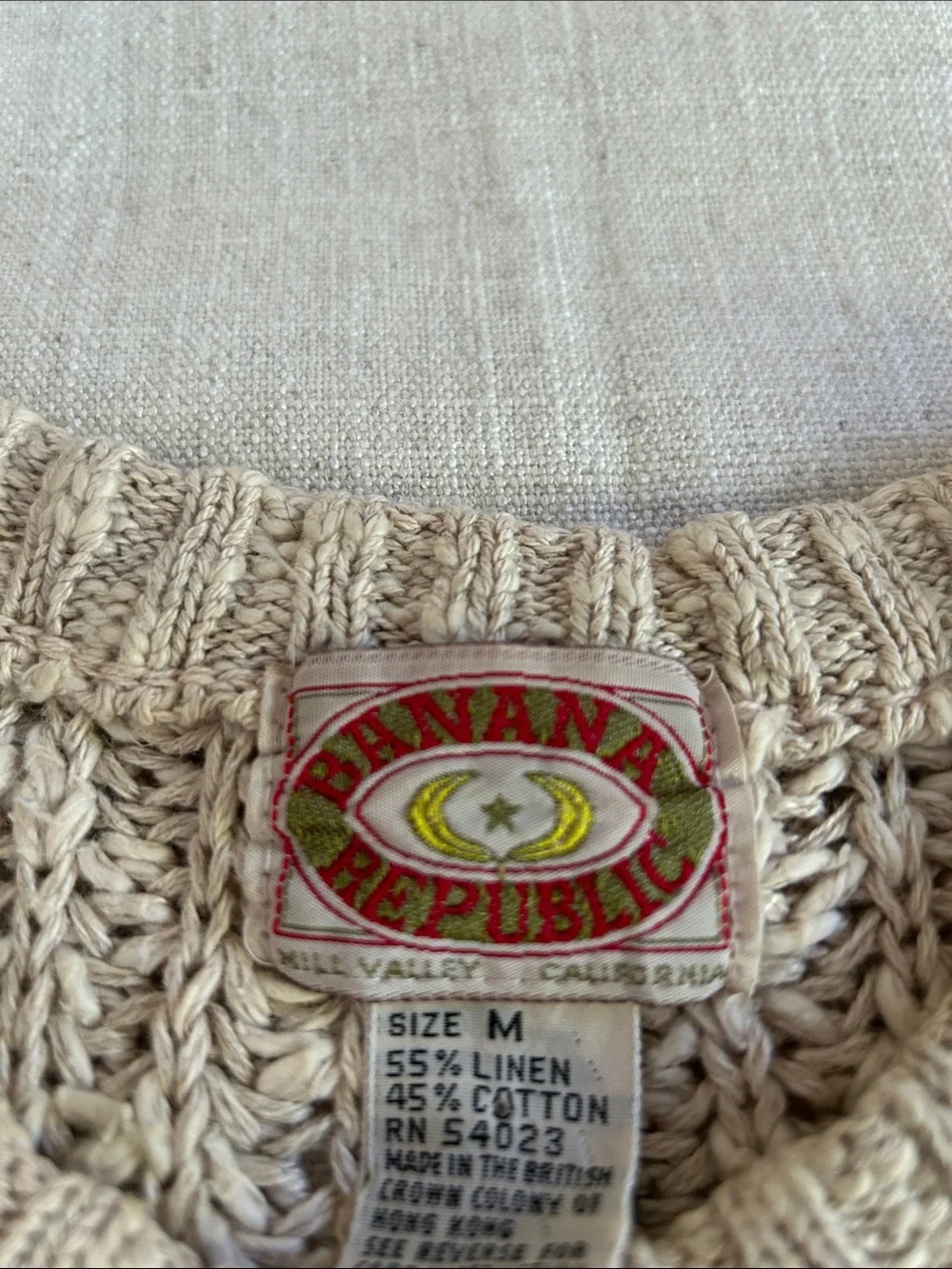 Vintage Banana Republic Sweater Linen/Cotton Cable Knit Medium Oatmeal Fisherman - Picture 12 of 13